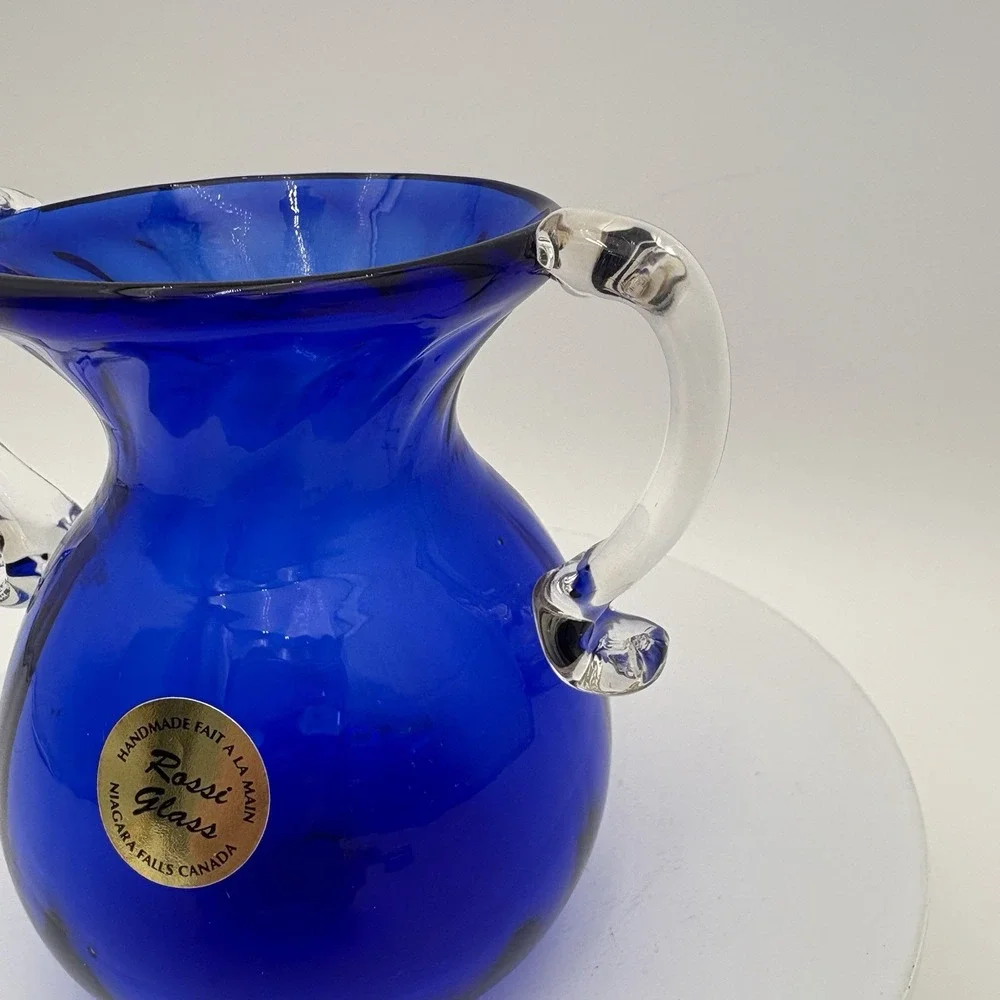 Rossi Glass  Art Glass Blue Pitcher Applied Double Handle‎ Niagara Falls VTG